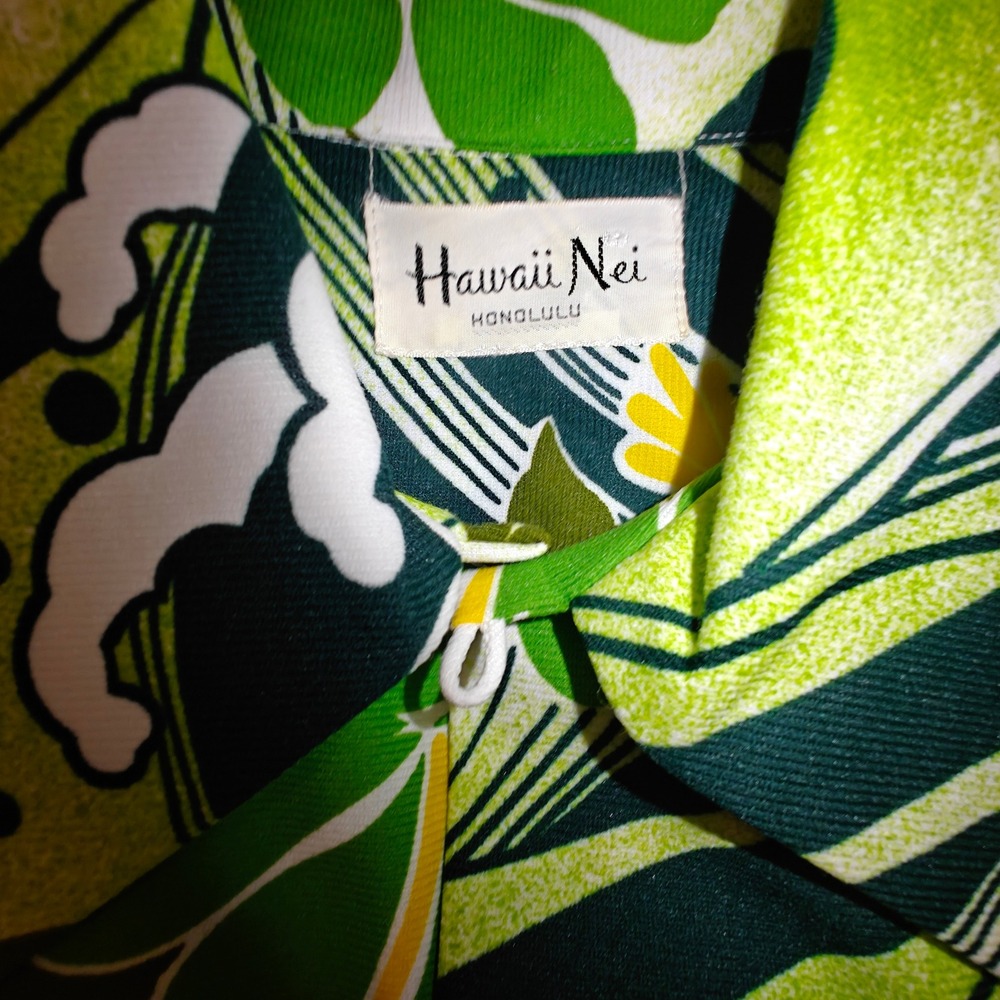Vintage 1960s Hawaii Nei Honolulu Green Floral Aloha Shirt Big Collar Mens S/M - Picture 3 of 13